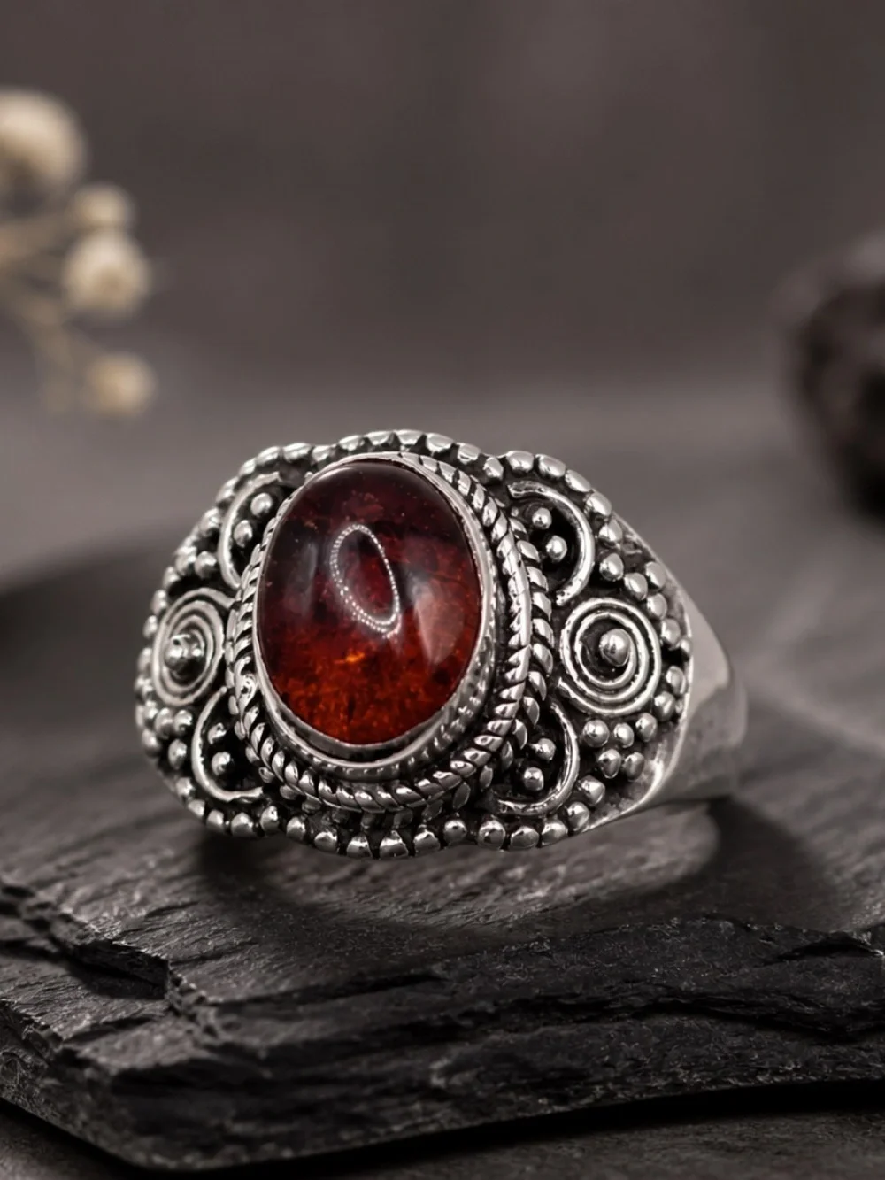 Size 8 Sterling Silver Red Baltic Amber Cabochon Ring